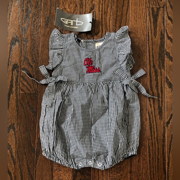 University of Mississippi Other - GARB Team Apparel Girls 12M ‘Ole Miss’ Navy Blue Gingham Ruffled Romper - NWT!